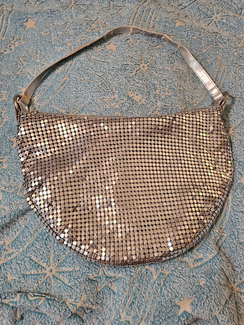 Vintage y2k Silver Aluminum Mesh Crescent Shoulder Bag Chainmail Hobo Purse